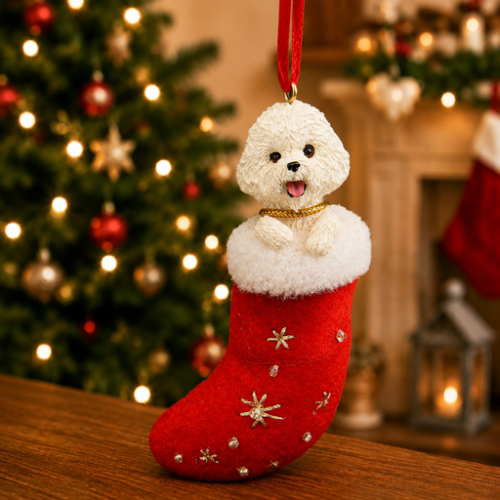 Bichon Frise in red stocking with white trim with Christmas tree and fireplace in background.