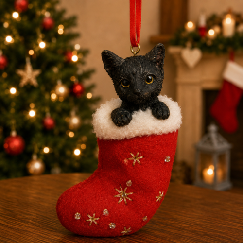 Black cat in red stocking with white trim with Christmas tree and fireplace in background.