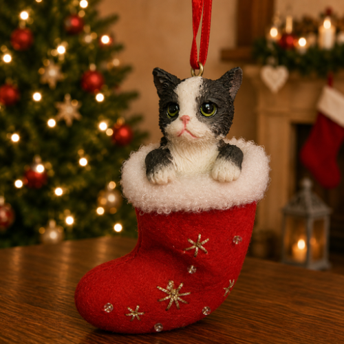 Black & white cat in red stocking with white trim with Christmas tree and fireplace in background.