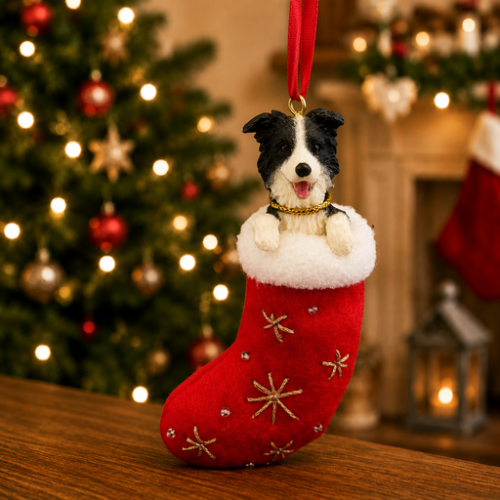 Border Collie  in red stocking with white trim with Christmas tree and fireplace in background.