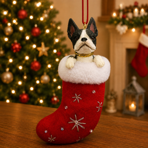 Boston Terrier in red stocking with white trim with Christmas tree and fireplace in background.