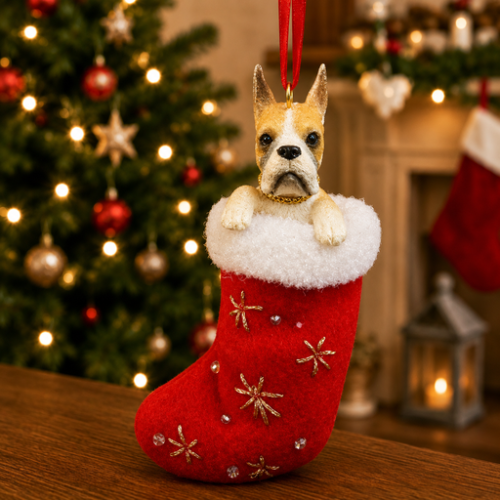 Boxer in red stocking with white trim with Christmas tree and fireplace in background.