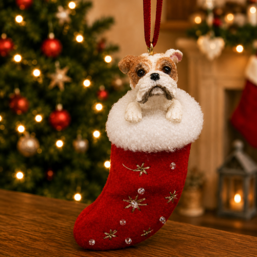 Bulldog in red stocking with white trim with Christmas tree and fireplace in background.