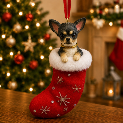 Black and tan Chihuahua in red stocking with white trim with Christmas tree and fireplace in background.