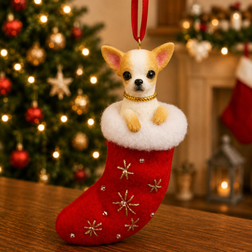 Tan & white Chihuahua in red stocking with white trim with Christmas tree and fireplace in background.