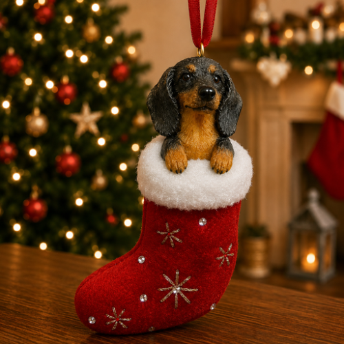 Black & tan Dachshund in red stocking with white trim with Christmas tree and fireplace in background.
