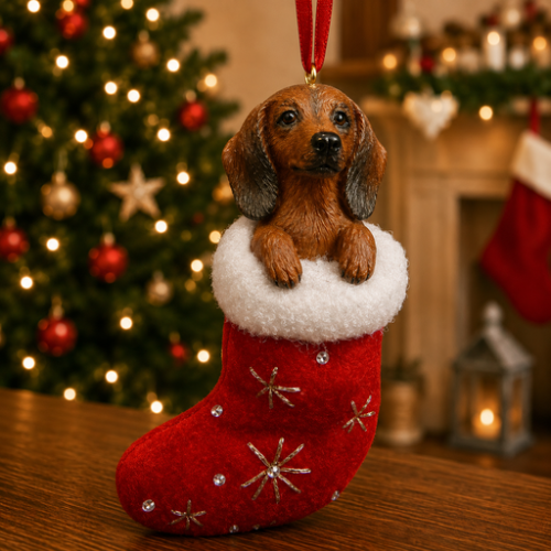 Red Dachshund in red stocking with white trim with Christmas tree and fireplace in background.