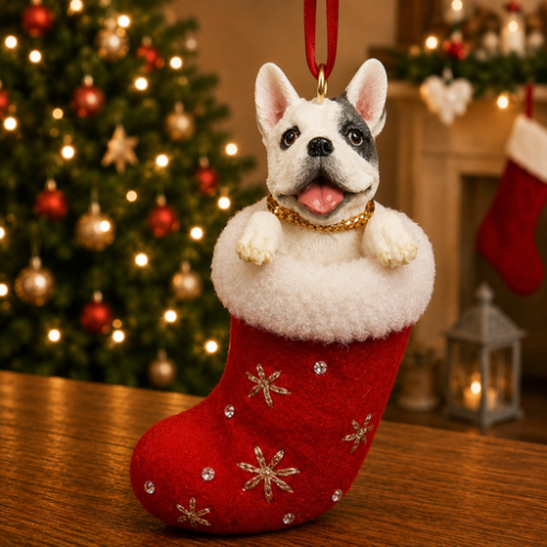 French Bulldog in red stocking with white trim with Christmas tree and fireplace in background.