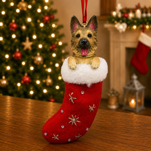 German Shepherd in red stocking with white trim with Christmas tree and fireplace in background.