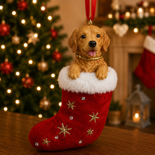 Golden Retriever in red stocking with white trim with Christmas tree and fireplace in background.
