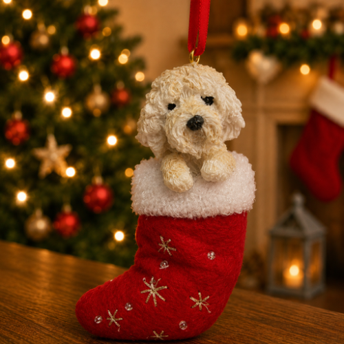 Goldendoodle in red stocking with white trim with Christmas tree and fireplace in background.