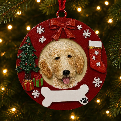 A round red Christmas ornament hanging on a lit Christmas tree, featuring a custom pet portrait in the center with a Goldendoodle. The ornament is decorated with a red bow, white snowflakes, a small green Christmas tree, a red stocking, a white bone, and a small gift box.
