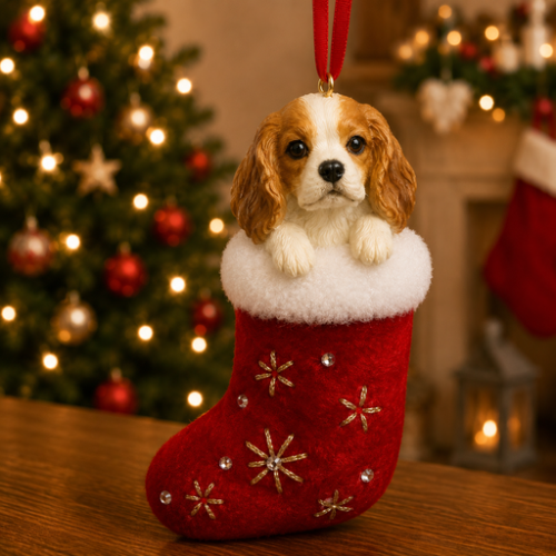 King Charles Cavalier Spaniel in red stocking with white trim with Christmas tree and fireplace in background.