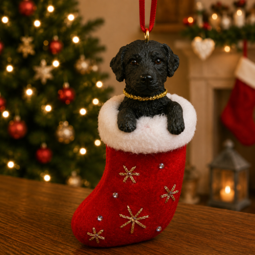 Black Labrador Retriever in red stocking with white trim with Christmas tree and fireplace in background.
