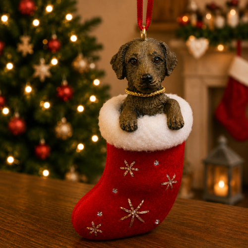 Chocolate Labrador Retriever in red stocking with white trim with Christmas tree and fireplace in background.