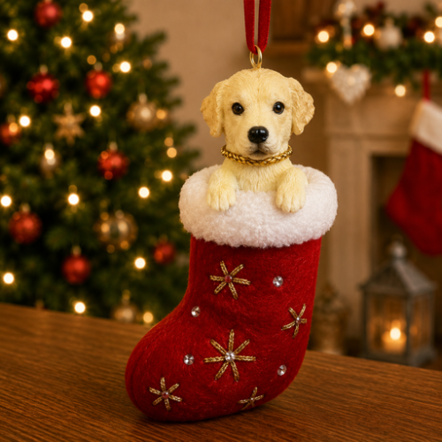 Yellow Labrador Retriever in red stocking with white trim with Christmas tree and fireplace in background.