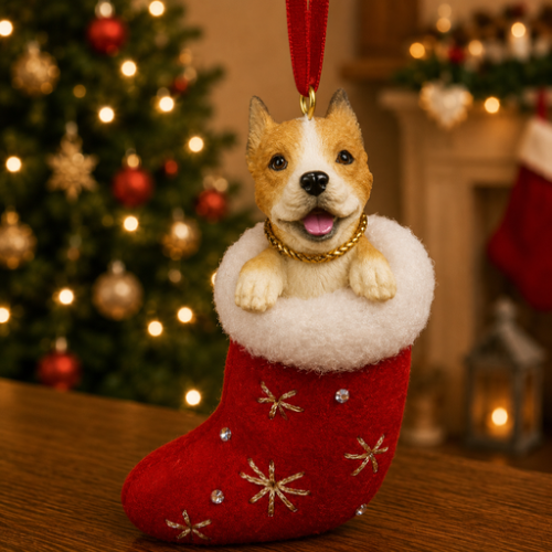 Pit Bull in red stocking with white trim with Christmas tree and fireplace in background.