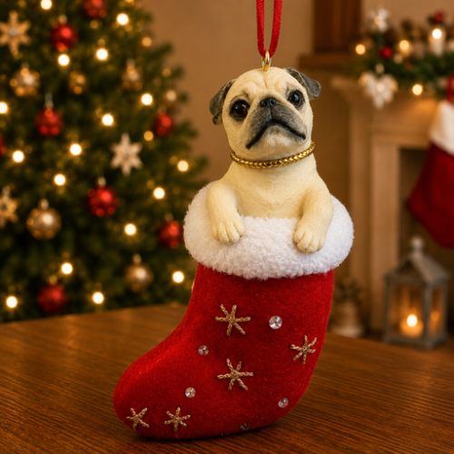 Pug in red stocking with white trim with Christmas tree and fireplace in background.