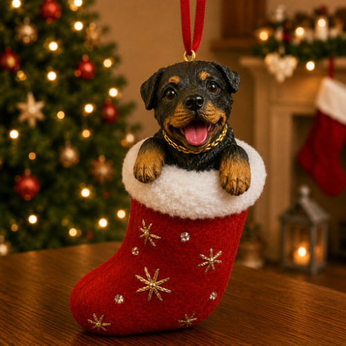 Rottweiler in red stocking with white trim with Christmas tree and fireplace in background.