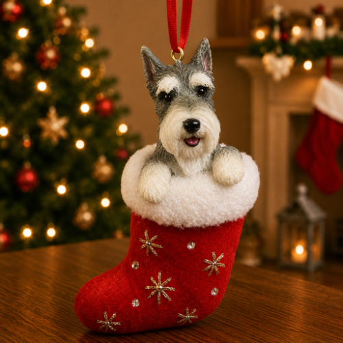 Schnauzer in red stocking with white trim with Christmas tree and fireplace in background.