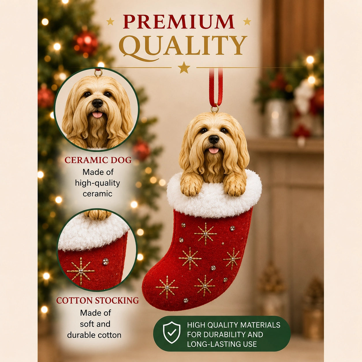 Quality details of Santa's Little Pals Christmas ornaments with blurred background including Christmas tree and fireplace mantle with decorations.