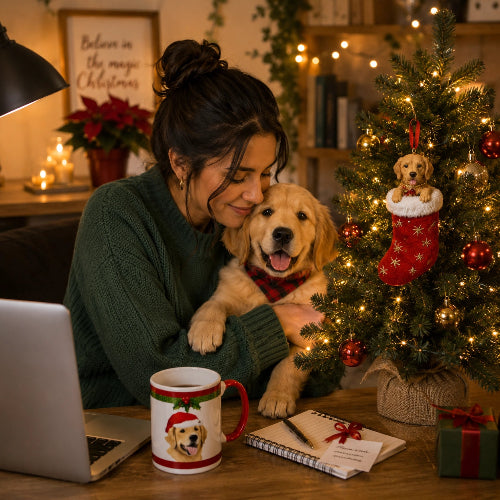 Woman sitting at desk with laptop computer, Golden Retriever puppy and Christmas tree with Golden Retriever Christmas stocking ornament.