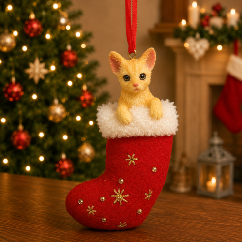 Orange Tabby cat in red stocking with white trim with Christmas tree and fireplace in background.