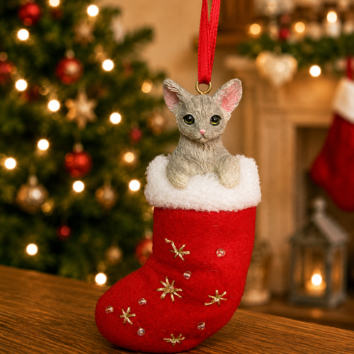 Silver Tabby Cat in red stocking with white trim with Christmas tree and fireplace in background.