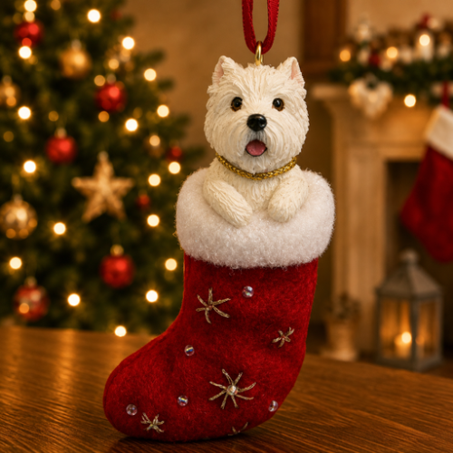 West Highland White Terrier in red stocking with white trim with Christmas tree and fireplace in background.