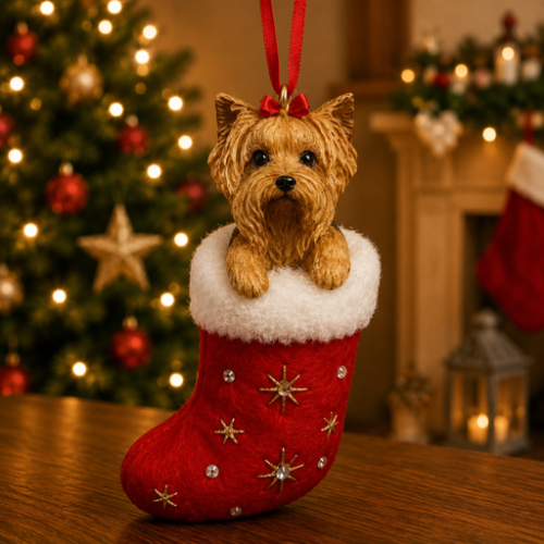 Yorkshire Terrier in red stocking with white trim with Christmas tree and fireplace in background.