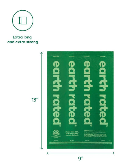 Green label with 'earth rated' text and dimensions on a white background