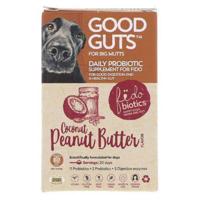 Good Guts daily probiotic supplement for dogs with a coconut peanut butter flavor on a white background.