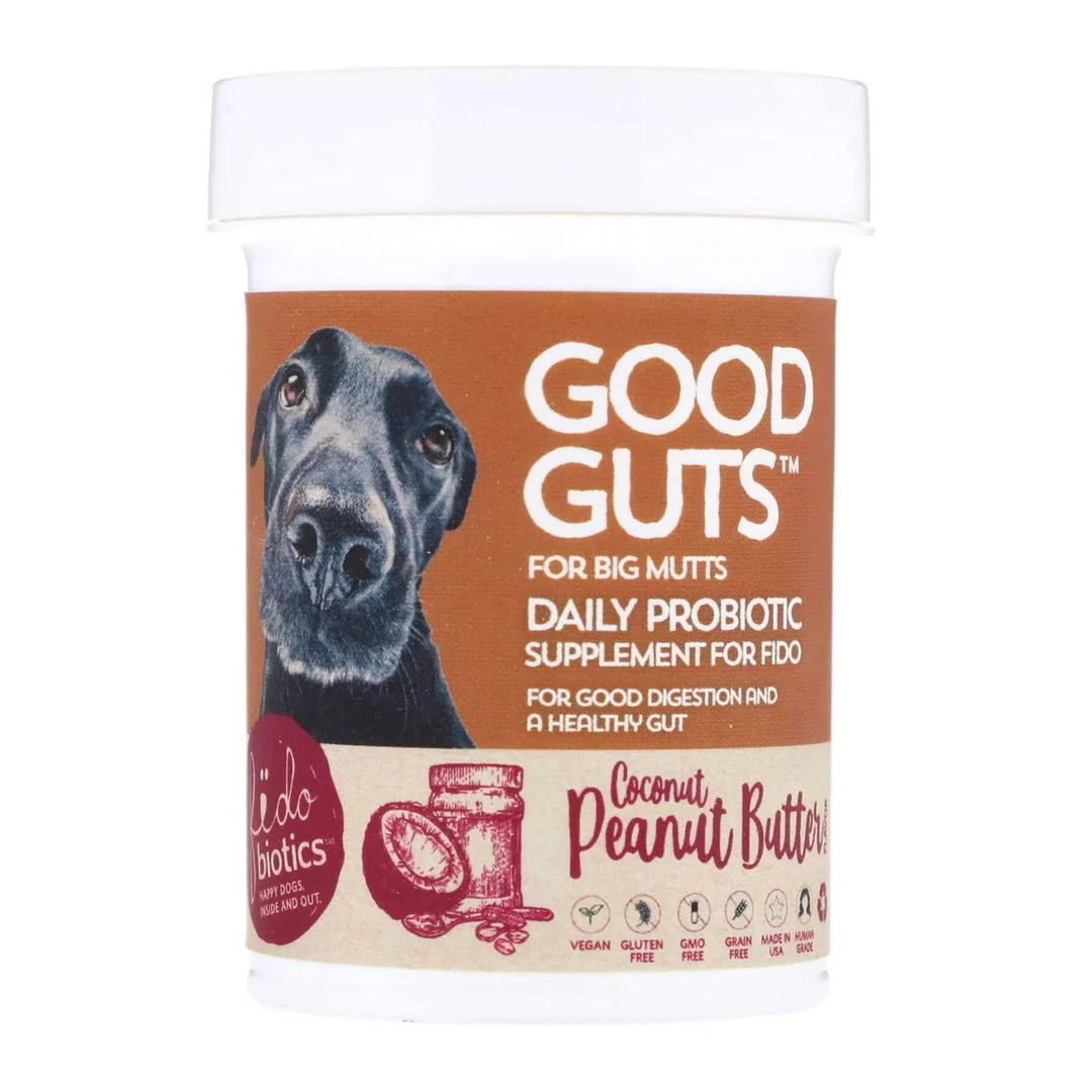 Good Guts daily probiotic supplement for dogs with a dog's face on the label.