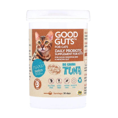 Good Guts probiotic supplement for cats with a cat on the label on a white background