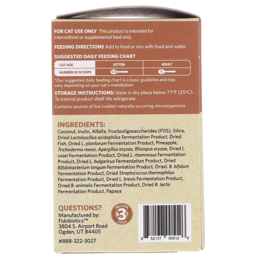 Back of a cat food can with feeding chart, storage instructions, and ingredient list.