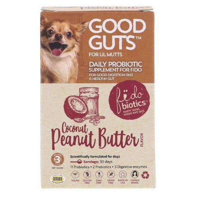 Good Guts daily probiotic supplement for dogs with coconut peanut butter flavor on a white background