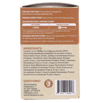 Back of a pet food packaging with feeding chart, storage instructions, and ingredient list.