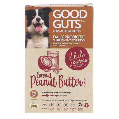 Good Guts daily probiotic supplement for dogs with a dog on the packaging.