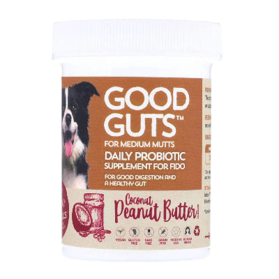 Good Guts daily probiotic supplement for dogs with a brown label and dog image on a white background