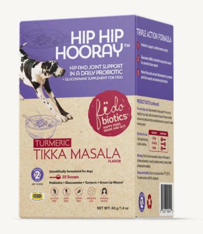Fido Biotics Hip Hip Hooray supplement packaging for dogs with a purple and beige design.