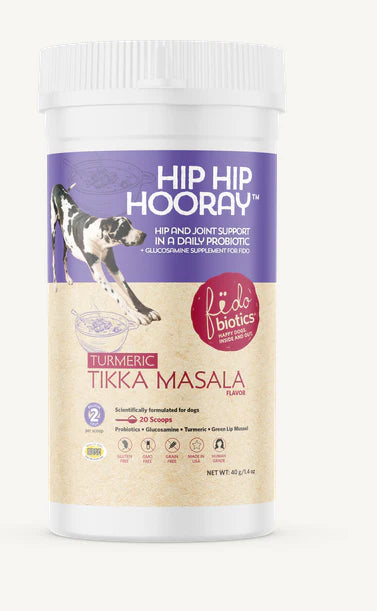 Dog supplement container labeled 'Hip Hip Hooray' with a purple label and white lid.