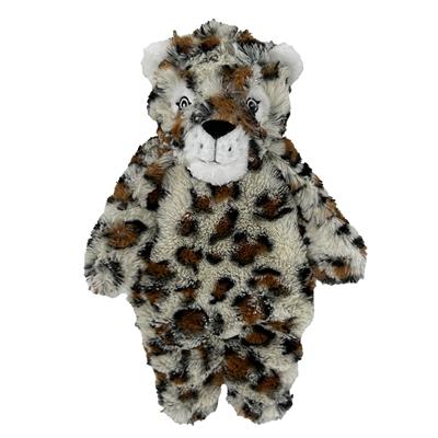 A 13" plush, floppy leopard dog toy with a stuffed head and body featuring squeakers and crinkle paper.
