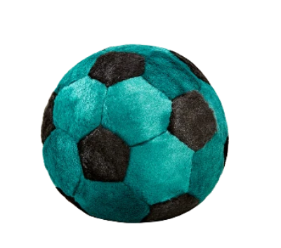 A large green soccer ball plush toy with black hexagonal patterns and embroidered eyes.
