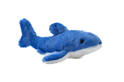 Blue plush shark dog toy on a white background