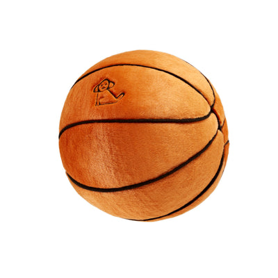 Basketball dog toy with black lines on a white background