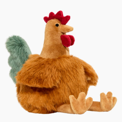 Plush rooster dog toy on a white background
