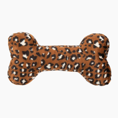 Leopard print bone-shaped toy on a white background