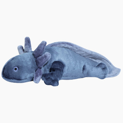 Blue axolotl plush toy on a white background