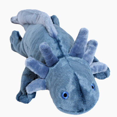 Blue plush axolotl toy on a white background