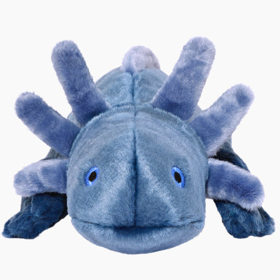 Blue plush axolotl toy on a white background